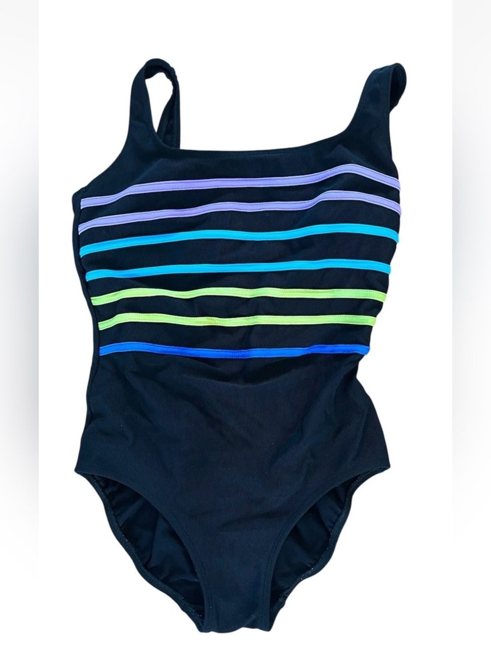 Longitude 90s Vintage Black Colorful Stripes One Piece Swim Suit Sz 14